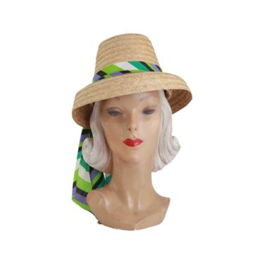 1960s Straw Flower Pot Sun Hat with Striped Scarf - 1960s Flower Pot Hat - 1960s Straw Hat - Mid Century Summer Hat - Vintage Summer Hat 