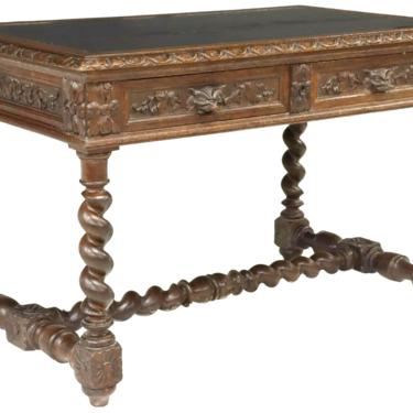 Desk, Writing, Renaissance Revival Carved Oak, Inset Leather, Twist Legs, 1800's