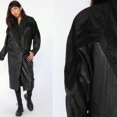 Leather Trench Coat 80s Black Leather Jacket Long Trenchcoat Gothic Jacket 1980s Womens Jacket Goth Bohemian Medium Large 