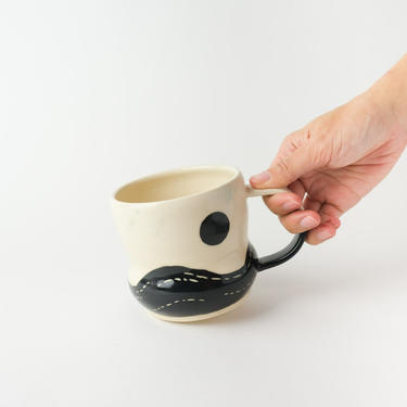 Handmade pottery mug (sun) minimal ceramic, whimsical white cup rolling hills breezy winds summer 