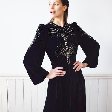 Early 1940s Studded Velvet Zip Front Dressing Gown | S/M | Rare Vintage 1940s Black Rayon Velvet Dress w Bell Sleeves, Stud Accents 