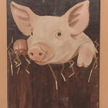 Signed "S" Oil Painting Sly Piglet Portrait Folk Art 9x13 