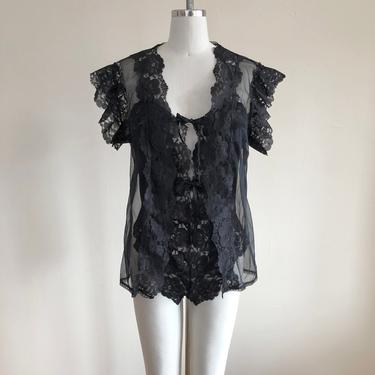 Sheer Black Lace Lingerie Set - Teddy/Romper and Short-sleeved Robe - 1980s 