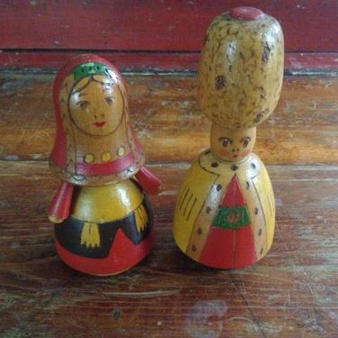 Charming Vintage Wood Dolls ~ Colorful Folk Art ~ Hand Painted ~ Set of 2 ~ Handmade 