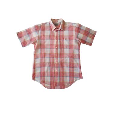 Vintage Plaid Shirt, Large 15 Neck / Men's 1980s Short Sleeve Shirt / Poly Cotton Blend Button Up Shirt / Pink Plaid Rockabilly Shirt 