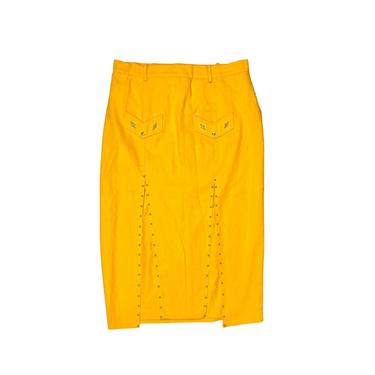 Vintage Clothing Retro Skirt 80's Studded Embellishments, High Waisted Hip Pockets, Slits on Both sides in Front, Mustard Yellow Abstract 