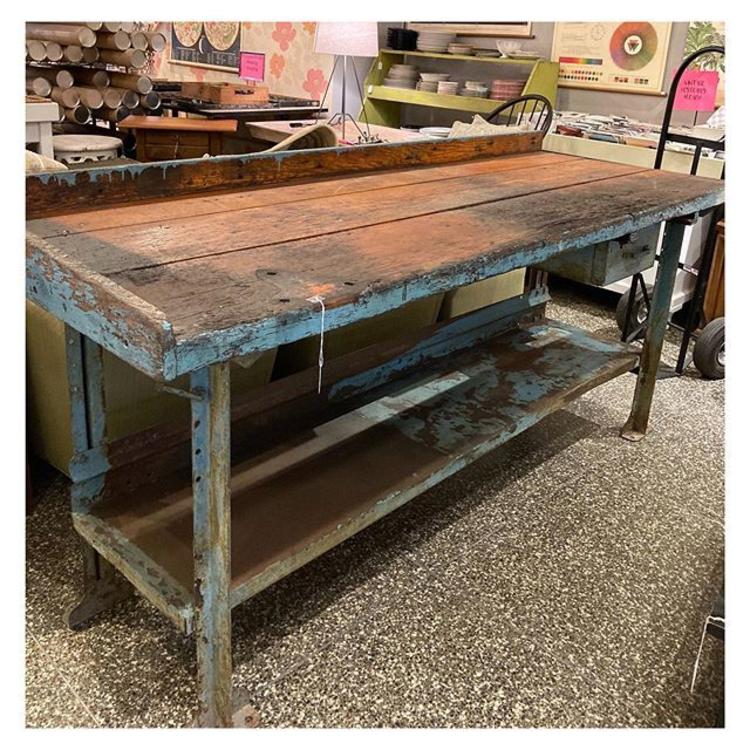 Teal painted Rustic two tier workbench 81” length / 30” depth / 37” height 