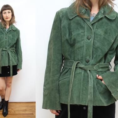 Vintage 70's Dark Green Suede jacket / 1970's Spring Leather Jacket / Groovy Suede Jacket / Women's Size Medium Large by Ru