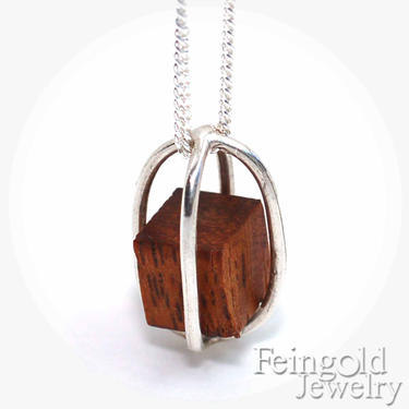 Silver Necklace with Floating Wood Cube - Sterling Silver 18 Inch Chain - Free US Shipping 