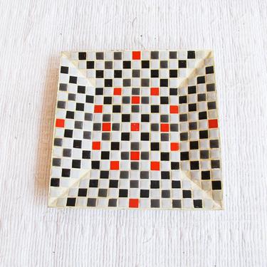 Vintage Mid-Century Mosaic Tiled Metal Tray in Red, White, Black and Grey 