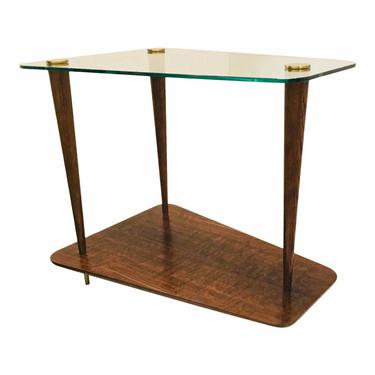 Hickory White Mid-Century Modern Inspired Glass and Dark Walnut Finished Wood End Table