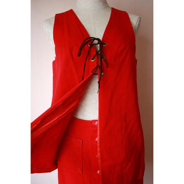70s Red Denim Miniskirt &amp; Vest Set Hippie Western Size M 