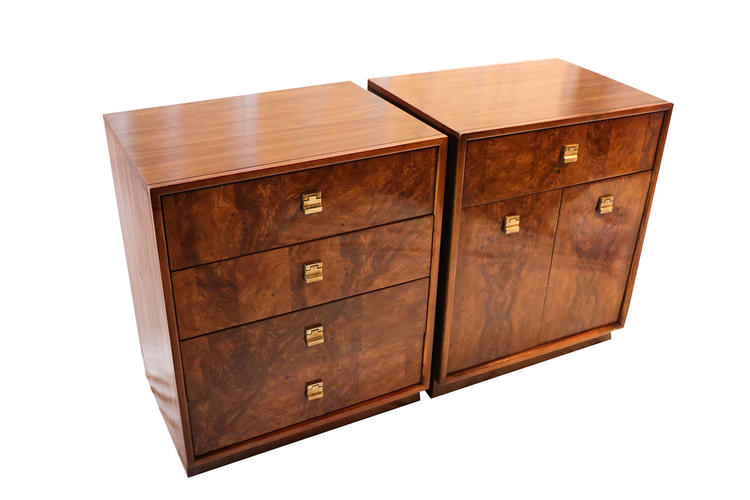 Mid Century Edward Wormley Drexel Burl Wood Nightstands Cabinets Pair 