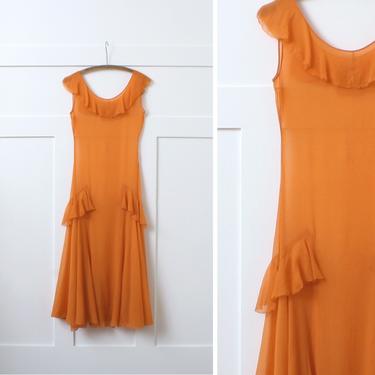vintage 1920s silk chiffon dress • rare bright orange sheer sleeveless ruffle deco dress 