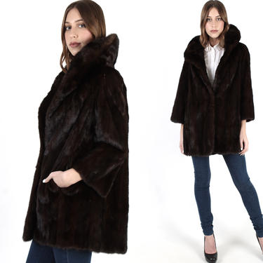 Womens Fur Back Collar Mink Coat Vintage 60s Mahogany Mink Fur Coat Real Fur Plush Natural Espresso Brown Opera Pockets Cropped Jacket 