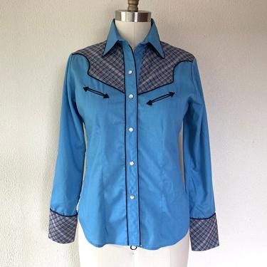1970s Blue and plaid western style shirt 