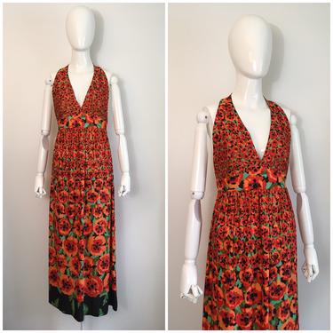 Vintage 1960s 1970s Floral Border Print Poppy Halter Dress 60s 70s Maxi Dress 