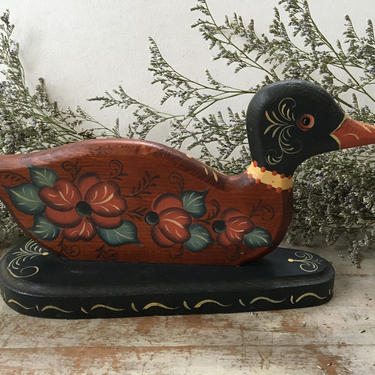 Vintage Rosemaling Wood Duck Figure, Scandinavian Painted Duck, Hand Painted Signed By Artist, Farmhouse Decor 