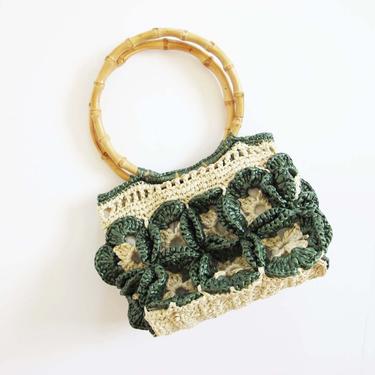 Vintage 1970s Crochet Knit Hand bag - Small Top Handle Bag - Bohemian Crochet Purse - Bamboo Handle Bag - Green White Clutch - 70s Bag 