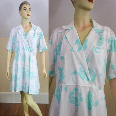 Vintage white short summer dress size 14 XL large, lightweight floral sundress with sleeves and pockets, preppy 90s plus or mid size jumper 