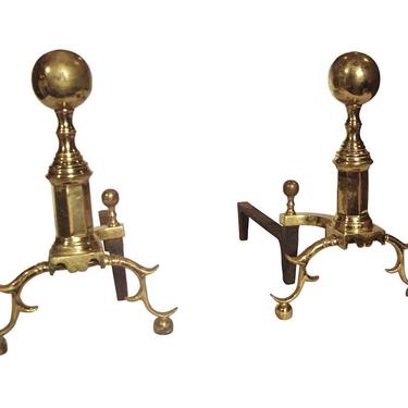 Vintage Pair of Traditional Polished Brass Andirons