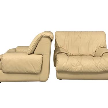Postmodern 1980s Lounge Chairs with Ottomans by Roche Bobois in Soft Leather
