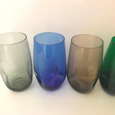 Vintage set of (4) Multi colored Pinched Indented Glass Tumblers- Nice Condition- 14 ounces 