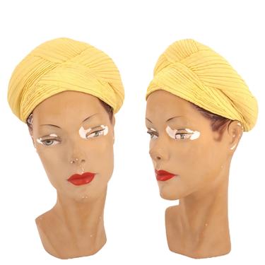1930s yellow turban hat / vintage 30s Bamberger rayon crepe folded fascinator tilt 1940s Deco original 