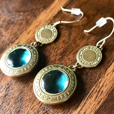 Coach Earrings Gold Tone Dangle Drop Blue Glass Designer Emblem Fashion Jewelry 