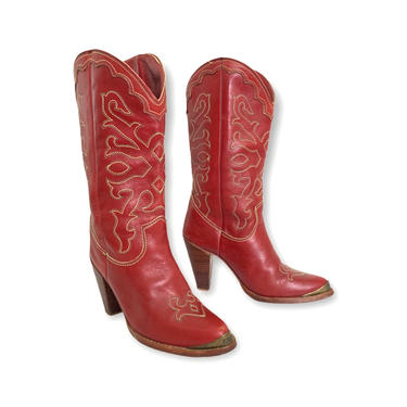 Vintage 1970s Women's ZODIAC Cowboy Boots ~ size 6 M ~ Western ~ Hippie / Boho ~ Rockabilly ~ Stacked Heel ~ Made in USA 