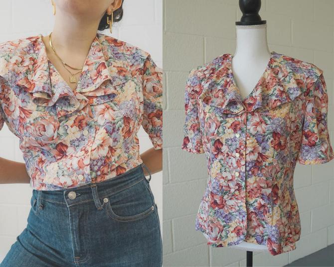 Vintage Floral Print Top | Exaggerated 80s Collar Blouse | Size 10 