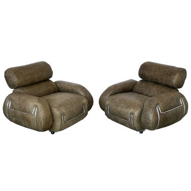Pair Italian Chrome Leather Lounge Chairs