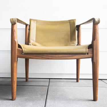 SOLD | Vintage 1960s mid century safari leather sling chair Douglas Heaslett style Brown Saltman Made in Denmark 