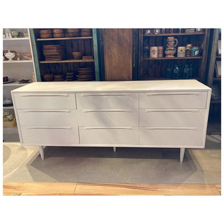 White painted mid century modern dresser with 9 drawers 74” long / 19” deep / 31” 