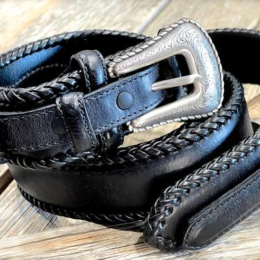 VINTAGE: Larry Mahan Black Leather Belt - Western Belt, Southwestern Belt - Leather Belt - SKU 00013850 