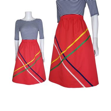 Vintage Mod Red Skirt, Medium / 1970s Primary Color Skirt / Criss Cross Striped Nautical Skirt / Flared Elastic Waist Colorful Midi Skirt 