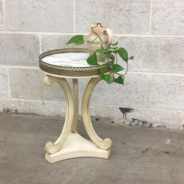 Vintage Marble Side Table Retro 1970s Wood Frame with Metal Trim + Carved Heart Design + End Table or Plant Stand + Home and Living Decor 