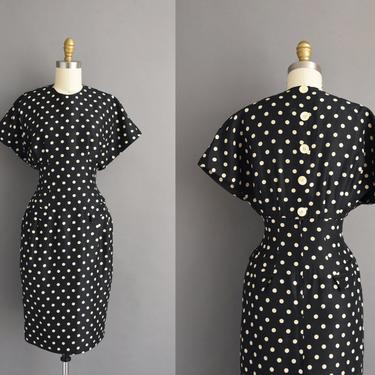 1980s vintage dress | Black Silk Ivory Polka Dot Print Cocktail Party Wiggle Dress | Medium | 80s dress 