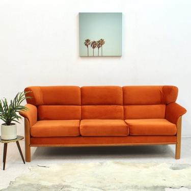 Norwegian Teak Mid Century Sofa in Newly Upholstered Orange Velvet