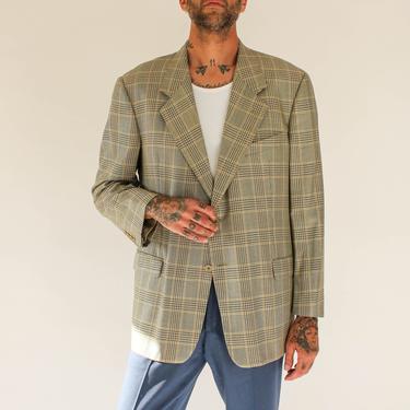 Vintage 80s VALENTINO UOMO for Neiman Marcus Plaid Tan Tartan Plaid Silk Blend Blazer | Made in Italy | 1980s Valentino Designer Silk Jacket 
