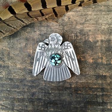 WHIRLING LOG Thunderbird Vintage 30s Brooch | 1930s Fred Harvey Era Silver &amp; Turquoise Bird Pin | Southwestern Native American Navajo Style 