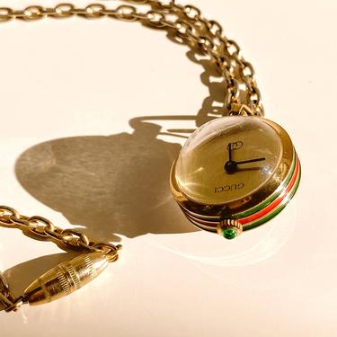Vintage 90's GUCCI GG Monogram WATCH Clock Red Green Enamel with Gold Chain Charm Pendant Necklace Jewelry 