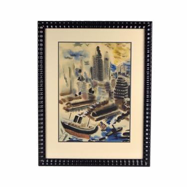 George Grosz “Manhattan” Skyline and Harbor circa 1930’s Lithograph 
