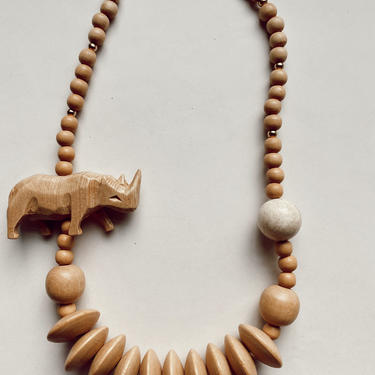 Vintage Wooden Beaded Rhino Necklace 