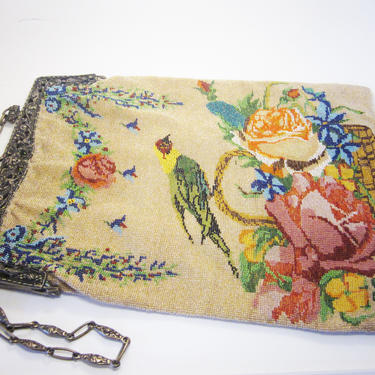 Antique 1910s-20s Colorful Micro Bead Bird and Floral Motif Purse Evening Bag with Cherubic Art Nouveau Silver Metal Frame &amp; Chain Handle 