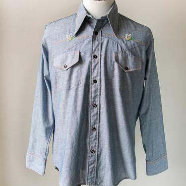 1970s Chambray Shirt Embroidered Men's XL 