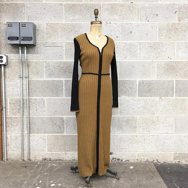 Vintage Sweater Dress Retro 1990s Cartise International + Size Small + Maxi Dress + Golden Brown and Black + Duster + Womens Apparel 