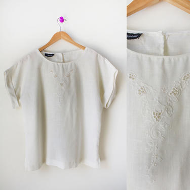 Vintage 80s White Short Sleeve Embroidered Linen Tee Medium 