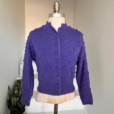 1940s Hand Knit Cardigan Sweater Pop Corn Knit Purple Handmade Buttons 40-42 Bust Vintage 