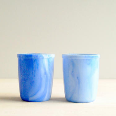 Vintage Small Milk Glass and Blue Swirl Cups 
